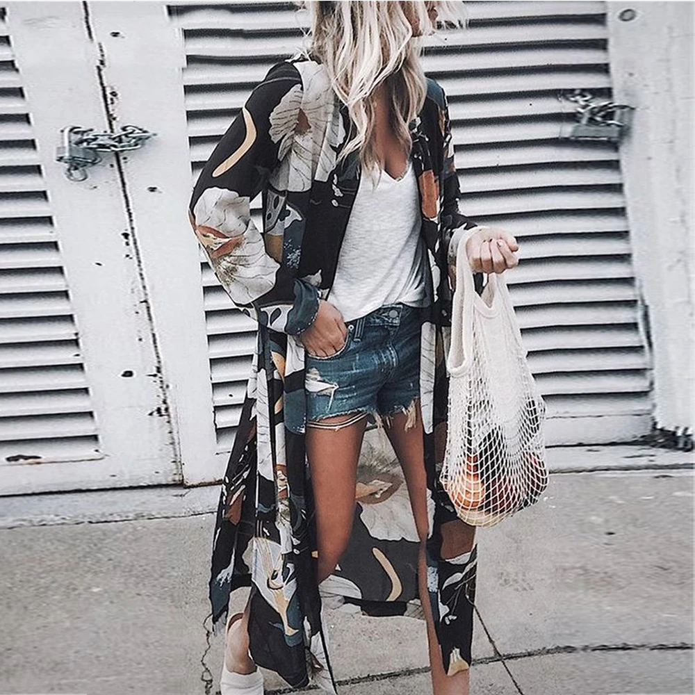 

Summer Long Floral Print Kimono Loose Beach Cover Up Blouse Women Casual V-Neck Long Sleeve Kimono Cardigan Boho Women Tops