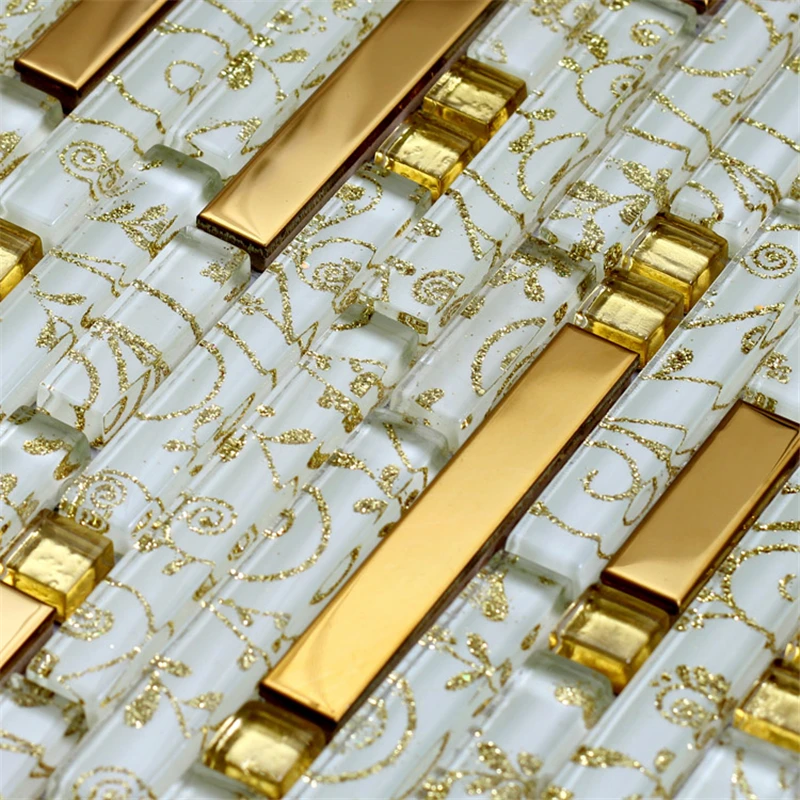

8mm Gold Metal Strip Yellow Flower Glass Shell Mosaic tile for restaurant store door frame kitchen bath shower wall brick tile