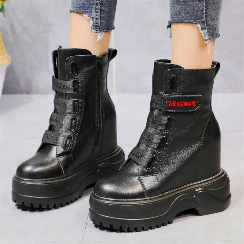 

Military Oxfords Women Genuine Leather Platform Wedge Ankle Boots Round Toe High Heels Creeper Shoe Goth 34 35 36 37 38 39