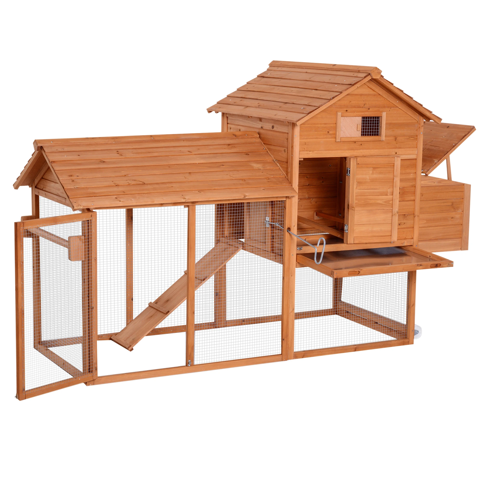 PawHut Gallinero de Madera para Exterior 181x79,5x117,5 cm Jaula para 2-4  Gallinas con Techo Resistente al Agua Corral de Metal 2 Perchas Nido  Bandeja Extraíble y Rampa Natural - Conforama