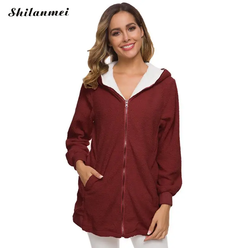 

Plus Size Jackets 2019 Winter Coat Women Zipper Pockets Hooded Plush Jacket Casual Loose Solid Color Basic Coat Fashion Thicken