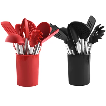 

14Pcs Household Creative Cooking Utensil Set Simple Style High Temperature Resistant Kitchen Ware Kit Solid Color Storage Bucket