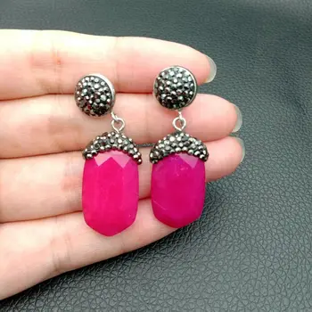 

15x27MM Faceted Deep pink Jade Black Macarsite Stud Earrings