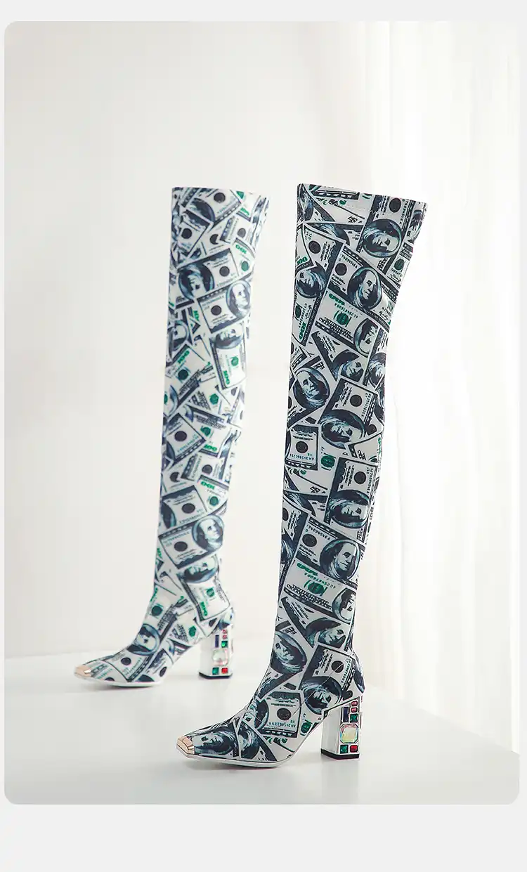 money print thigh high boots