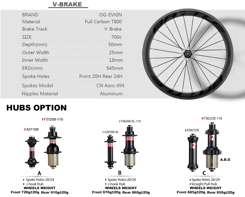 Clearance OG-EVKIN RW-002 Carbon Wheels Clincher 50mm Depth 25mm Outer Width V-Brake/Disc Brake Carbon Wheel For Road Bike 700c Wheelset 2