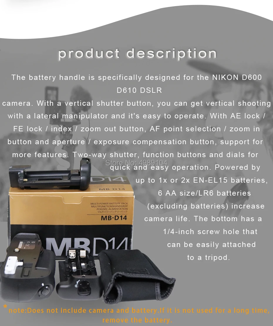 NEW Battery Grip MB-D14 MBD14 MB D14 for Nikon D600 D610 DSLR Camera work with EN-EL15 AA battery