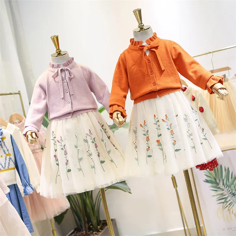 

5440 Floral Embroidery Christmas Princess Winter Fall Baby Girl Clothing Set Outwear Tops Sweater+Skirt Thanksgiving GirlClothes