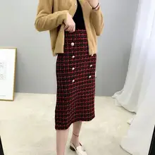 Новые зимние женские твидовые юбки, элегантные офисные клетчатые двубортные юбки миди, вязаная посылка, Осенние юбки в стиле хип-хоп