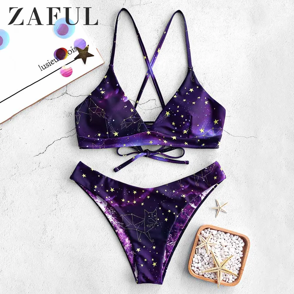 ZAFUL Двусторонний бикини с принтом на шнуровке и ремешками для белья Тонкий Ремни
