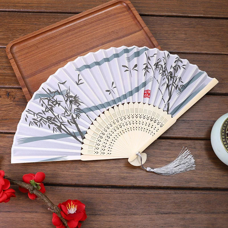 Chinese Japanese Silk Folding Fan Wooden Shank Classical Dance Fan Tassel Female Hand Fans Craft Gift Photo Prop