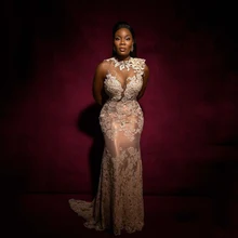

Luxury Elegant Mermaid Evening Dresses Lace Appliques Sleeveless Long Formal Plus Size Dress Women Prom Party Gowns Custom Made