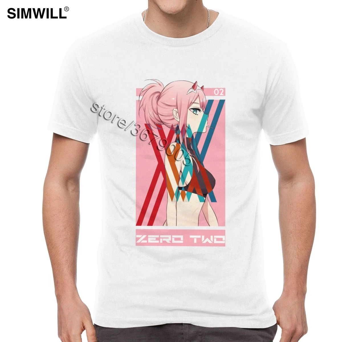 Футболка Darling In The Franxx, мужская, хлопок, Zero Two, футболки, короткий рукав, круглый вырез, модная, аниме, веер, футболка - Цвет: Белый