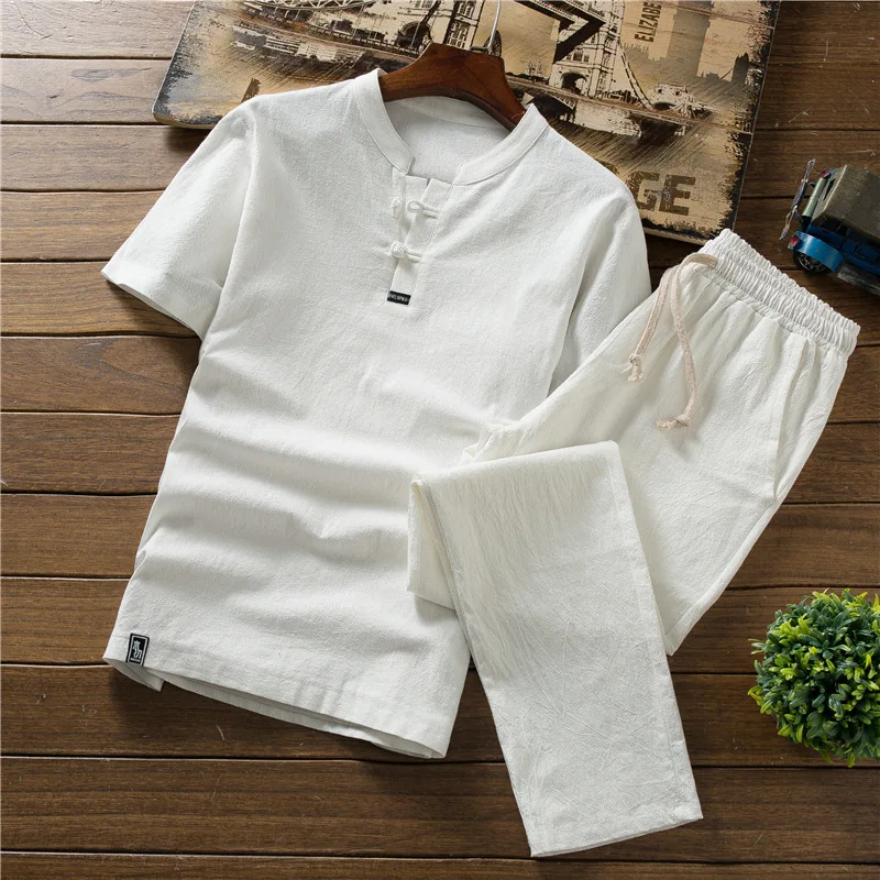 

Chinese-style Versatile Short Sleeve T-shirt Summer Flax Set Casual Solid Color Large Size Capri Pants Men's Wear