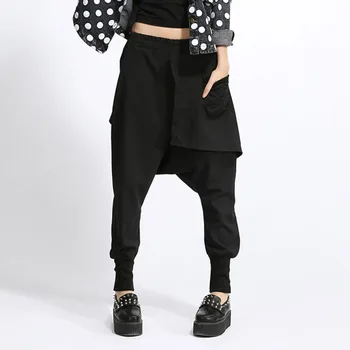 

2020 Women Spring New Fashion Street Style Black Army Green High Elastic Waist Harem Pants Casual Loose Fake Two Piece Big Size