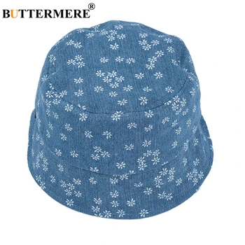 

BUTTERMERE Denim Flower Bucket Hat Womens Japanese Style Sun Protector Hat Casual Female Cotton Fishing Hat