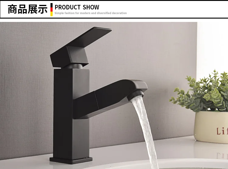 304 Stainless steel Black Square Pull Out Wash Basin Mixer Faucets Hot and Cold Water Bathroom Sink Faucet Tap