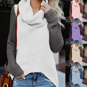 

Womail Women Sweater 2019 Warm Turtleneck Sweater Long Sleeves Knit Jumper Sweater Female pulover feminino Loose Patchwork top