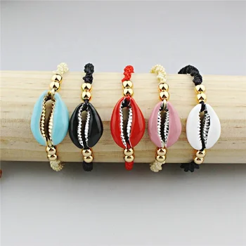 

adjustable 10pcs/lot Colorful shell charm bracelet,rope copper beads with shell bracelet,handmade jewelry cheap