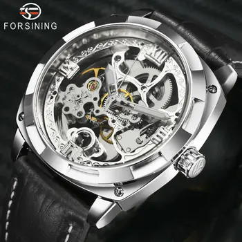 

FORSINING Simple Automatic Watch Men Brand Luxury Skeleton Mechanical Watches for Man Genuine Leather Strap Square Wristwatch