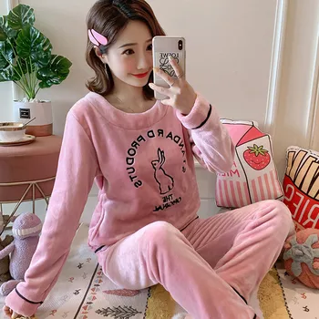 

Women Pajama Sets 2020 Autumn winter Flannel Cartoon Warm Pyjamas Women Homewear Animal Sleepwear Cat female pajama Homewear