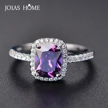 

JoiasHome 925 Sterling Silver Ring Classic With Square Purple Gem Charm Women Silver Jewelry Engagement Lady Gift Size 6-10