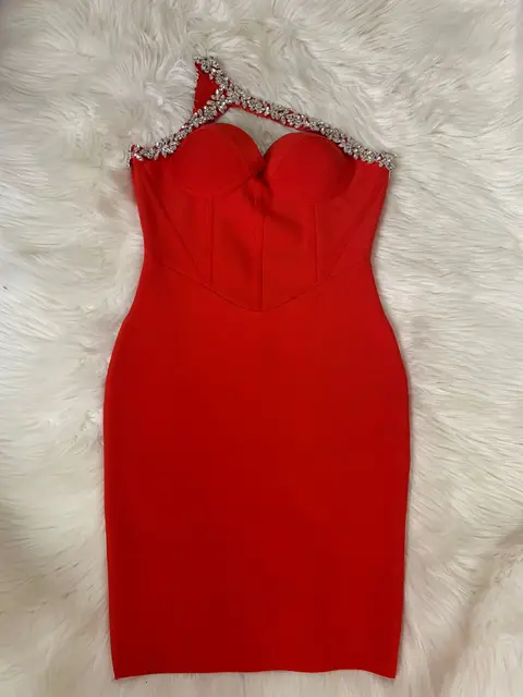 High Quality Red Blue Black One Shoulder Sparkly Beading Rayon Bandage Dress Elegant Cocktail Party Dress Vestidos 4