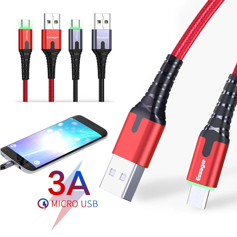 Essager светодиодный USB Micro быстрый заряд кабеля провода шнур 3 м кабель usbc для Xiaomi K20 samsung мобильного телефона USB-C провода шнур