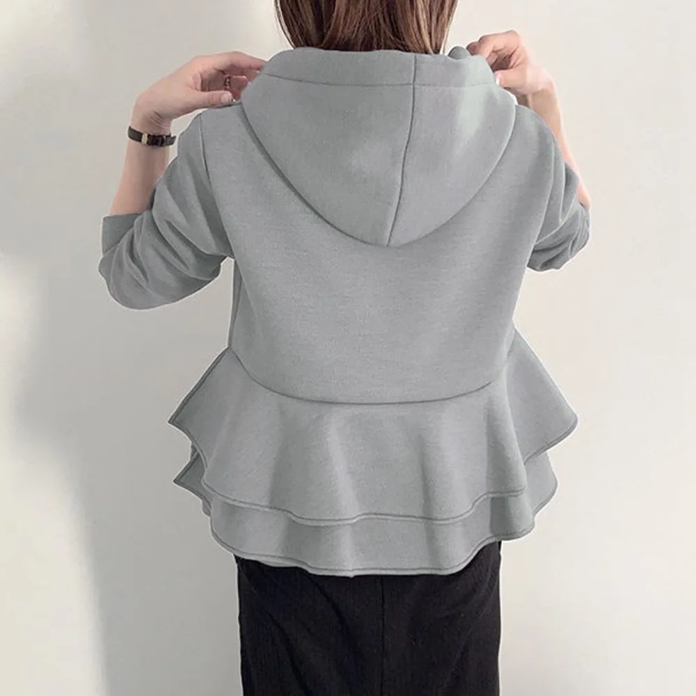Falbala Hoodies Autumn Winter Causal Sweatshirt Korea Japan Style Solid Gray Pullover Hoodies Women Outwear Asymmetric Short Top