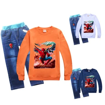 

Spiderman Hoodies Children Sweatshirt Toddler Boys Clothing Set Girl Casual Tracksuit Long Sleeve T Shirt+Jeans 2Pcs Outfits Set
