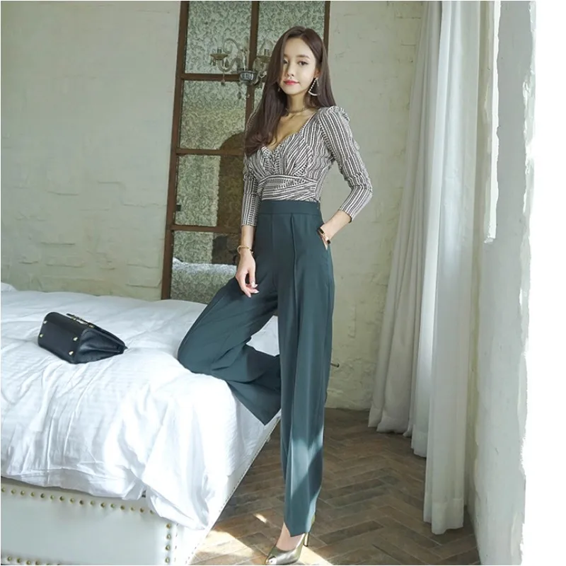 

Women Autumn Office Lady Stripe Slim Sexy V-neck Gray Blouse Shirt+Green Tall waist Wide Leg Pant Suit Formal Women 2 Piece Set
