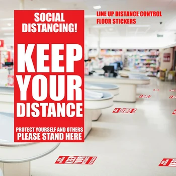 

Sensitive Vinyl Social Distancing Safety Sign Public Area Stand Here Floor Decals Crowd Control Banks Queues Line Up Rectangle