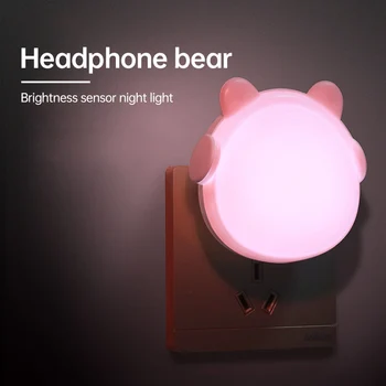 

LED Night Light Headphone Bear EU Plug Light Control Sensor Baby Bedside Lamp For Bedroom Study Corridor Bathroom Lighting