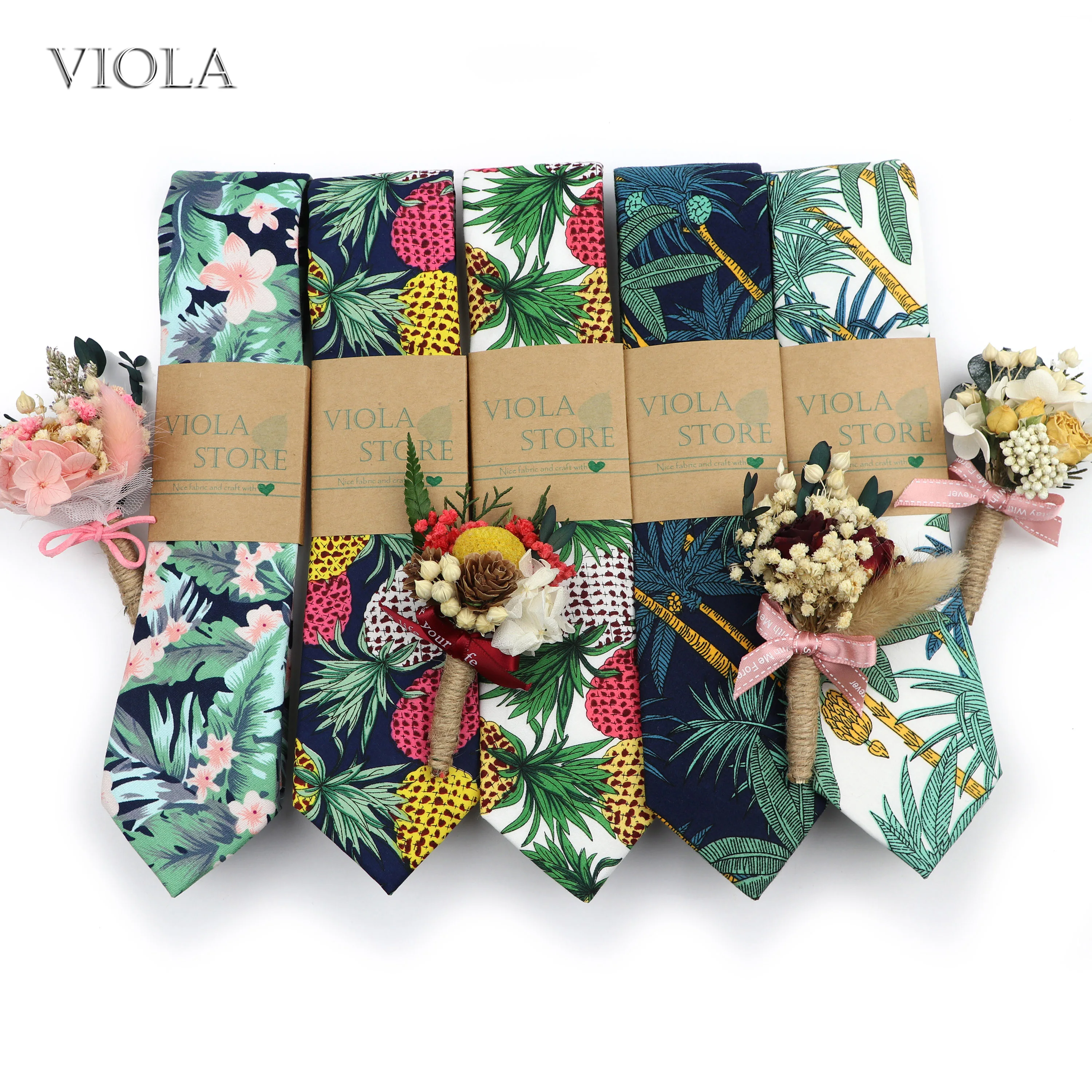 

Gift Boxed Luxury Tropical Plant Tie Brooch Set Men Dry Flower Pin Cotton 6.5cm Tie Holiday Party Floral Print Suit Accessories