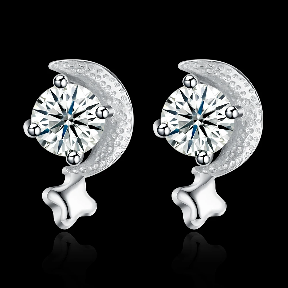 SILVERHOO Romantic Star And Moon 925 Sterling Silver Stud Earrings For Women Clear Cubic Zirconia Girl Earring Simple  Jewelry
