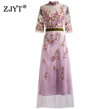

Runway Long Dress Designers 2020 New Fashion Summer Woman Clothes Elegant Floral Embroidery Mesh Sexy Maxi Party Dresses