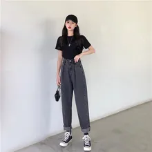 Ретро гонконгские шикарные брюки с высокой талией джинсы женские новые тонкие свободные Bf сетчатые красные Харун брюки