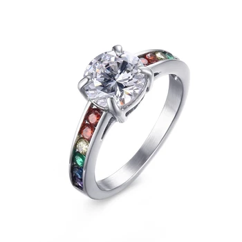 

Lesbian Pride Rainbow Ring Round CZ Center Stone Gay Wedding Marriage or Engagement Band US Size 6-8