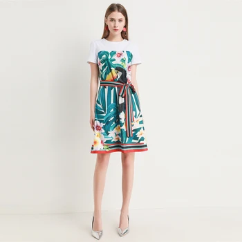 

Xiaomoli Exquisite T-shirt printing waist-tight casual short-sleeved dress winter fashion women's wear 2019