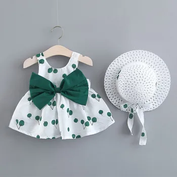 

2pcs Summer Newborn Baby Dress With Sunhat Girls Cherry Print Dresses Summer Infant 0-3Year Girl Birthday Dress With Bow