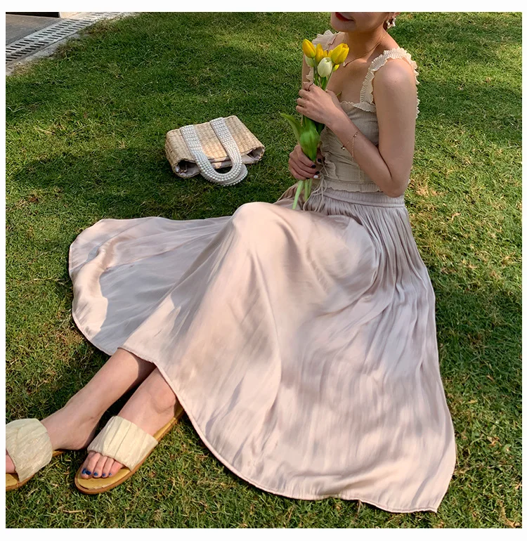 Summer Silky Skirt Elastic High Waist Glossy Silky Long Skirt Sea-Island Filament A-line Skirts Beach Vacation Pearlescent Dress