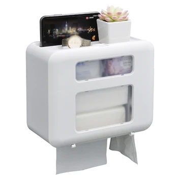 

Space Saving Bathroom Kitchen Self Adhesive Strong Bearing Double Layer PP Wall Mounted With Phone Shelf Tissue Holder