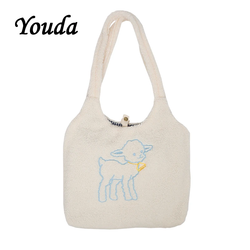 Canvas Handbag Tote Book-Bags Fabric-Shoulder-Bag Embroidery Lamb Like Large-Capacity