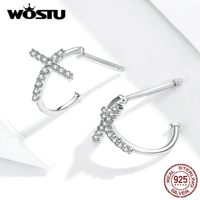WOSTU, серьги-гвоздики с крестом из циркония, натуральная 925 пробы, серебро, для женщин, модные, для свадьбы, помолвки, маленькие серьги, ювелирное изделие, FIE755