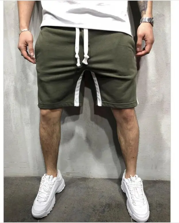green shorts 2 Модный мужской комплект, Модный Полосатый лоскутный мужской спортивный топ с длинными рукавами, Повседневная футболка с коротким рукавом, шорты с завязками, мужской костюм - Цвет: green shorts 2