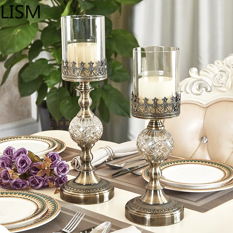 

Metal Crystals Candlestick Glass Luxury Gold American Candle Holders Wedding Decoration Table Centerpieces Home Accent Decor
