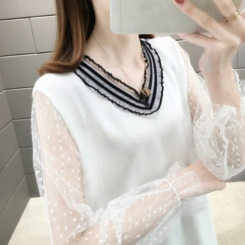 

15688 to film the new lace sleeve splicing v-neck ice hemp turtleneck sweater 42