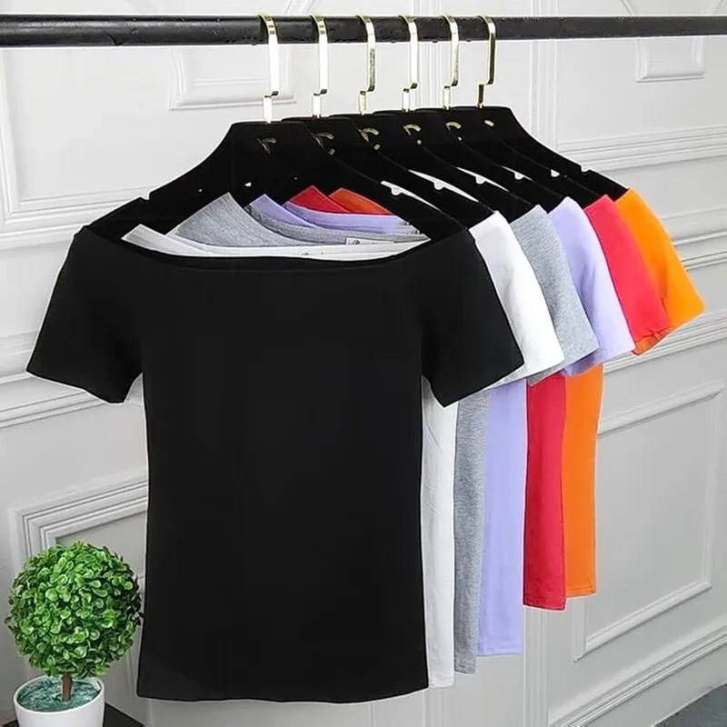 Korean style sexy slash neck black t-shirt women tops summer short sleeve cotton Girl t shirt plus size shirts 4XL 5XL 6XL |