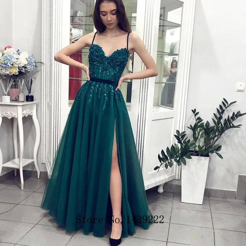 

Dark Green Sweetheart High Slit Evening Dresses Prom Tulle Appliques Arabic Vestidos De Fiesta De Noche Robe De Soiree Plus