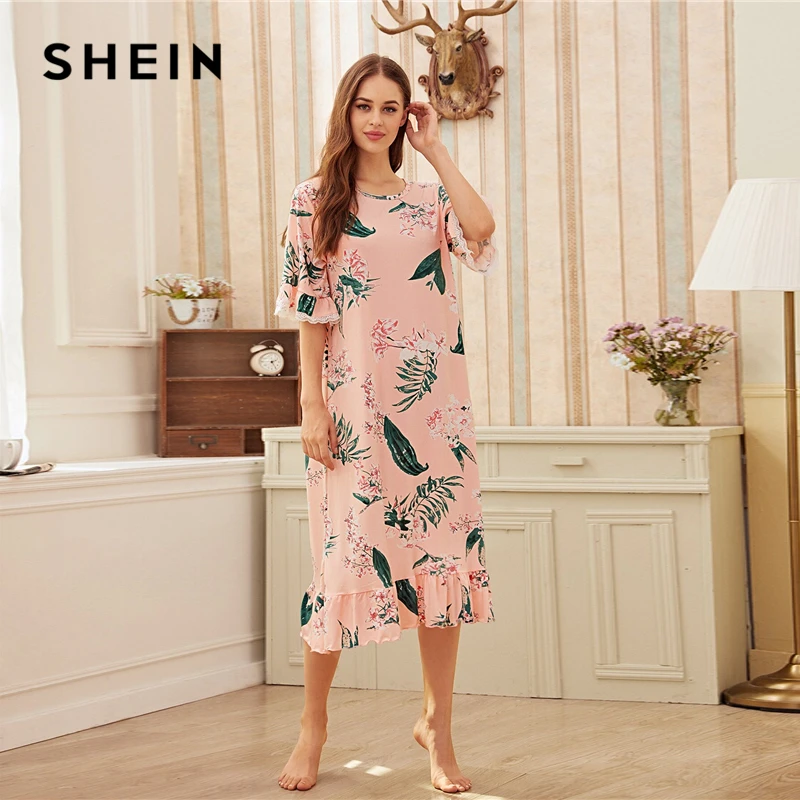 SHEIN розовый цветочный принт рюшами подол ночная рубашка для женщин милый Ночной костюм Лето Осень кружево отделка рукав Цветочный пижамы Ночная рубашка