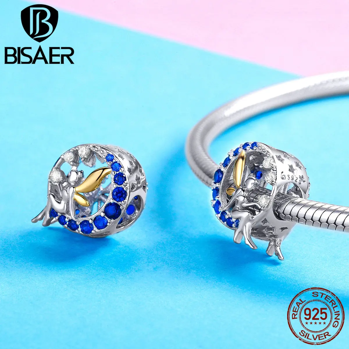 BISAER 925 пробы серебро ярко синий CZ лунный свет фея бусины для Для женщин Fit Пан
